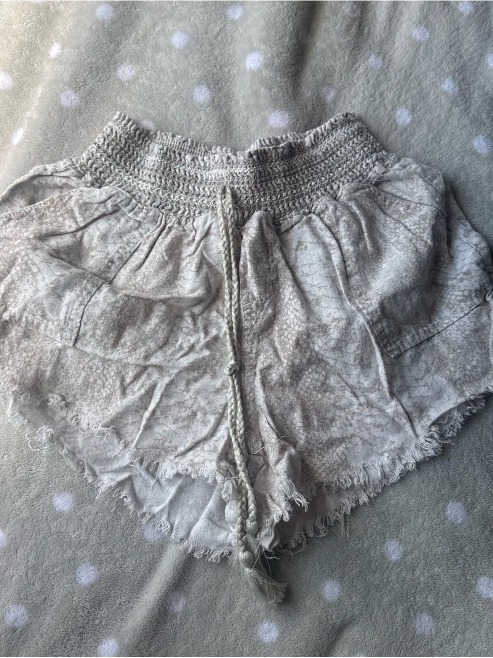 Rewash Light Gray High-Waist Smocked Shorts with Braided Drawstring